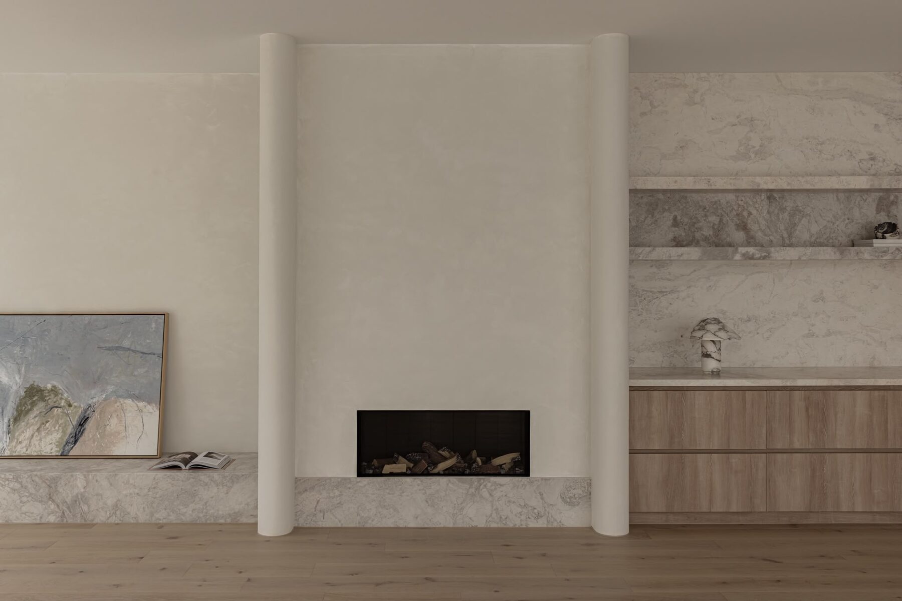 Alphington Residence — living room with rendered fireplace and stone bench