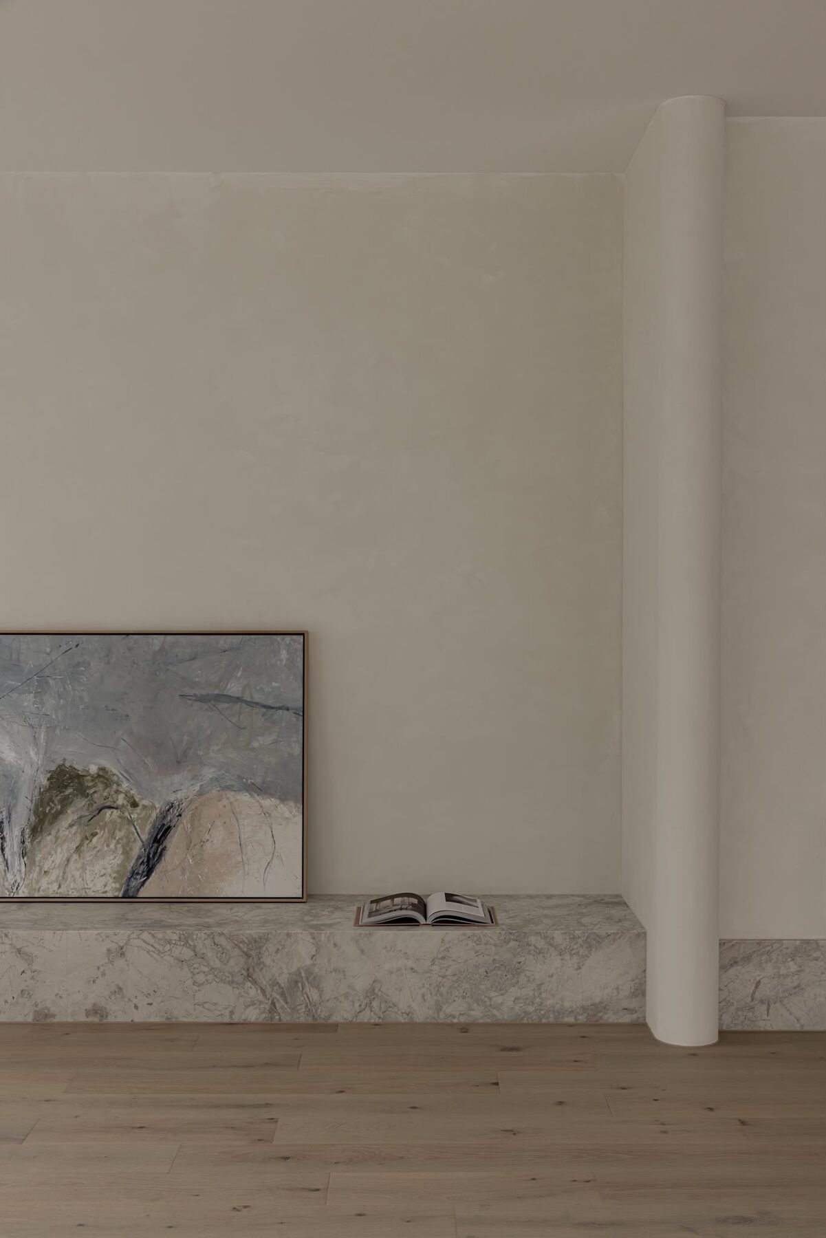 Alphington Residence — living room with curved column and stone bench